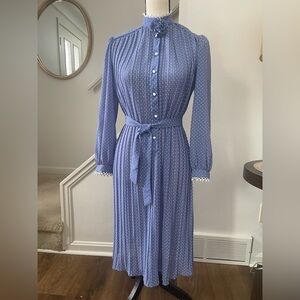 Vintage New Discoveries Blue Polka Dot Long Sleeve Dress embroidered trim Sz10